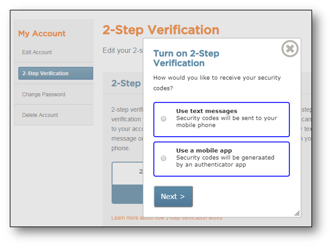 Turn on 2-step verification screen